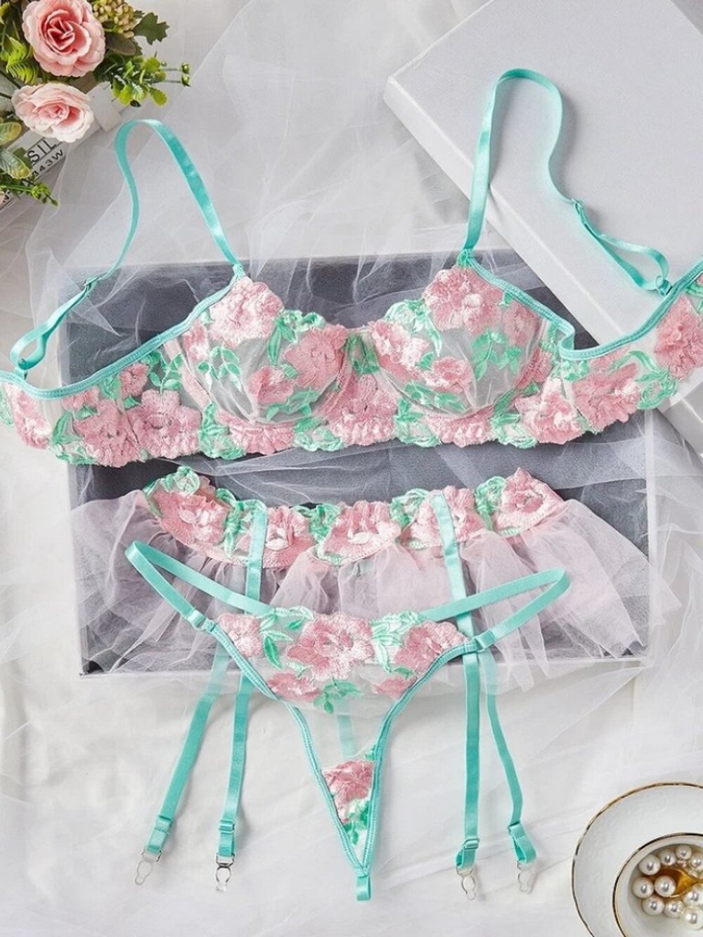 Women Sexy Lingerie Lace Sheer Babydoll Nightie Chemise Sleepwear Bra Skirt Set. - Picture 14 of 14